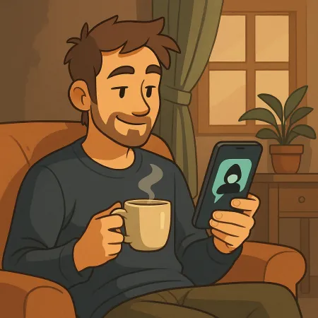 A bearded man comfortably seated in an armchair, holding a steaming cup of coffee in one hand and a smartphone in the other. He smiles while looking at the screen, where an anonymous silhouette is displayed. The interior ambiance is warm, with a plant, a curtain, and a window in the background.