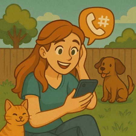 A smiling red-haired woman sitting on the grass in a garden, looking at her smartphone. An orange cat is curled up against her and a brown dog is sitting nearby. A speech bubble containing a phone icon and a hashtag floats above her, suggesting a phone conversation.
