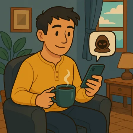 Man sitting comfortably in an armchair, holding a steaming cup of coffee and checking his smartphone, with a message bubble displaying an anonymous mask or hacker icon, in a cozy living room with a window, lamp, and plant.