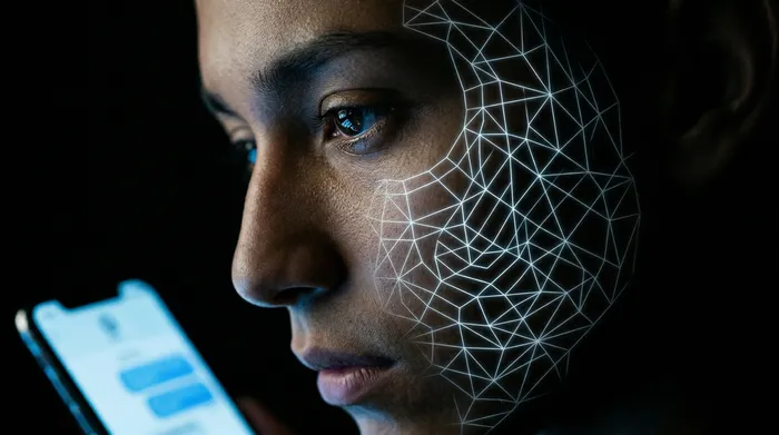 A hand holding a smartphone displaying a padlock icon on a messaging interface, surrounded by a network of luminous digital connections on a black background, illustrating mobile data security.