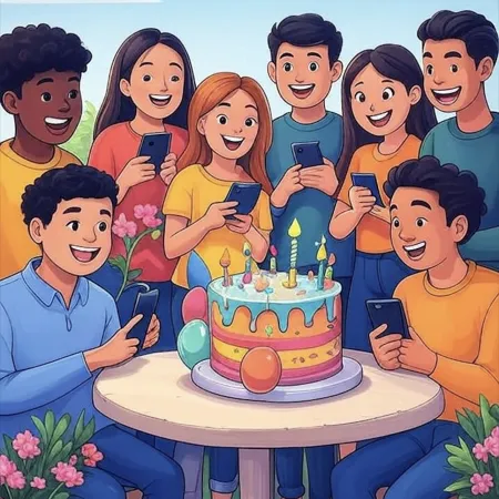 Group of smiling young people surrounding a colourful birthday cake with candles, balloons and decorations, all while holding their phones.