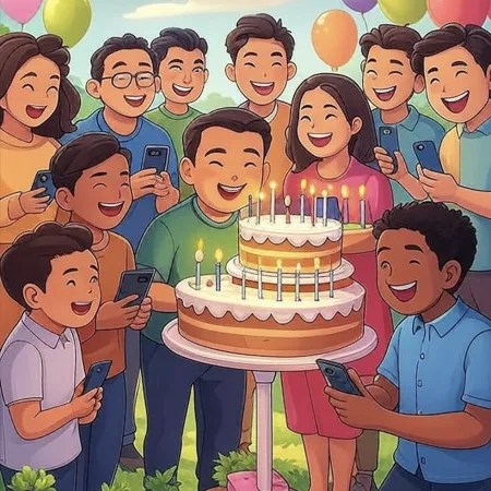 A group of smiling people surrounding a large two-tiered cake with several lit candles, taking photos with their phones.