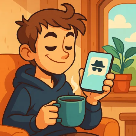 Illustration of a smiling young man, comfortably sitting with a cup of coffee, holding a smartphone displaying an anonymous message icon with a hat and sunglasses